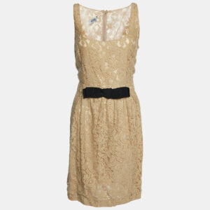 Moschino Cheap and Chic Beige Lack Bow Detail Sleeveless Midi Dress L