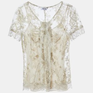 Moschino Cheap and Chic Gold Floral Lace Half Sleeve Top S