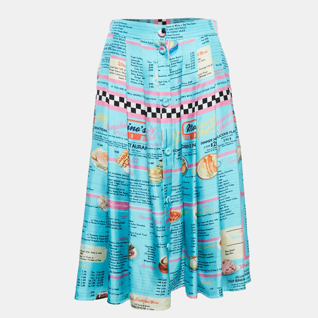 luxury-women-moschino-couture-new-clothes-p1046414-001 Moschino Couture Blue Drive In Menu Print Silk Pleated Midi Skirt M