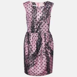 Moschino Couture Pink Printed Satin & Polka Dot Tulle Sleeveless Sheath Dress M