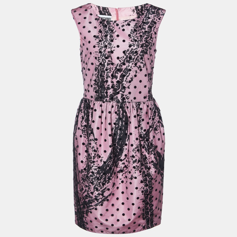 luxury-women-moschino-couture-new-clothes-p869423-1697085309-005 Moschino Couture Pink Printed Satin & Polka Dot Tulle Sleeveless Sheath Dress M