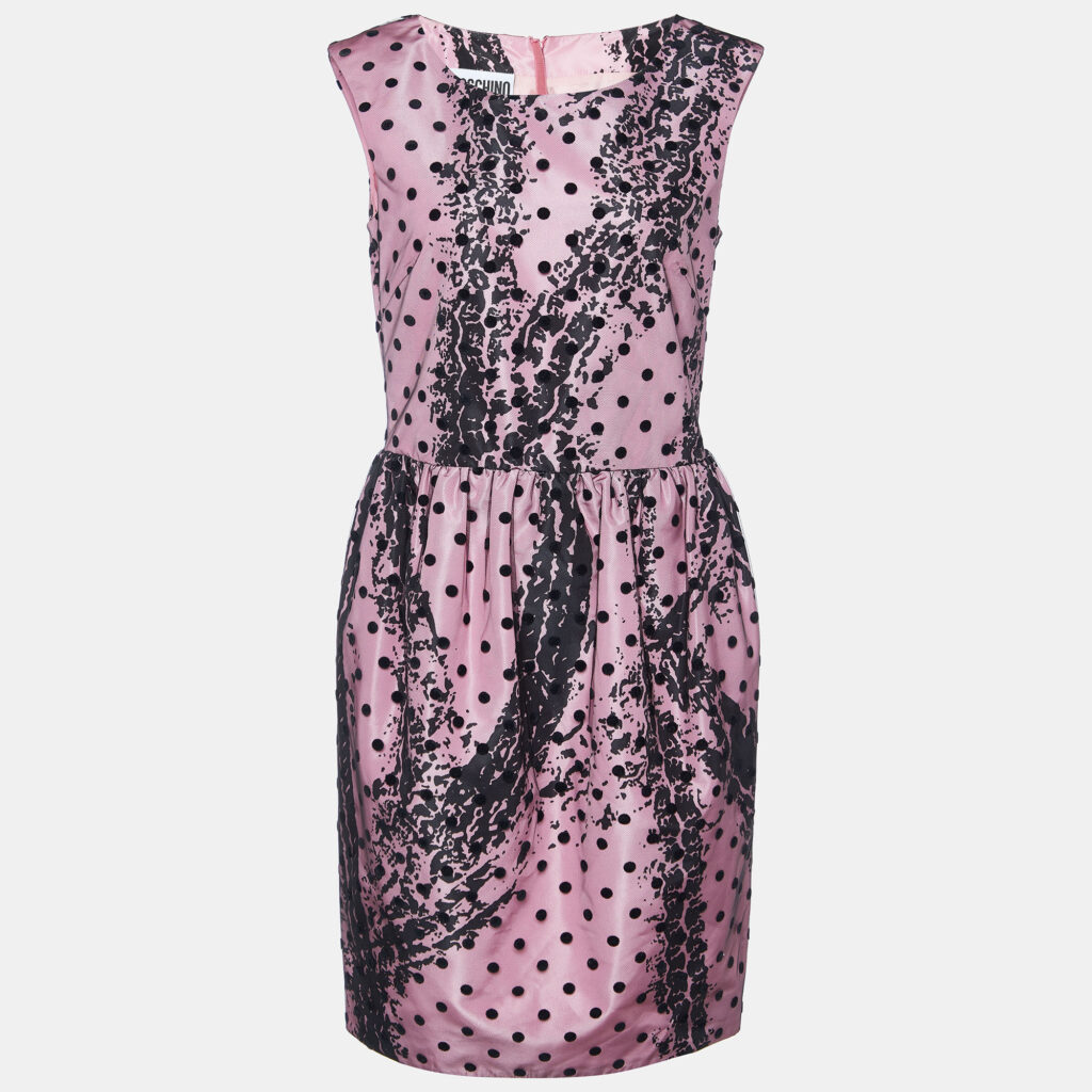 luxury-women-moschino-couture-new-clothes-p869434-001 Moschino Couture Pink Printed Satin & Polka Dot Tulle Sleeveless Sheath Dress M