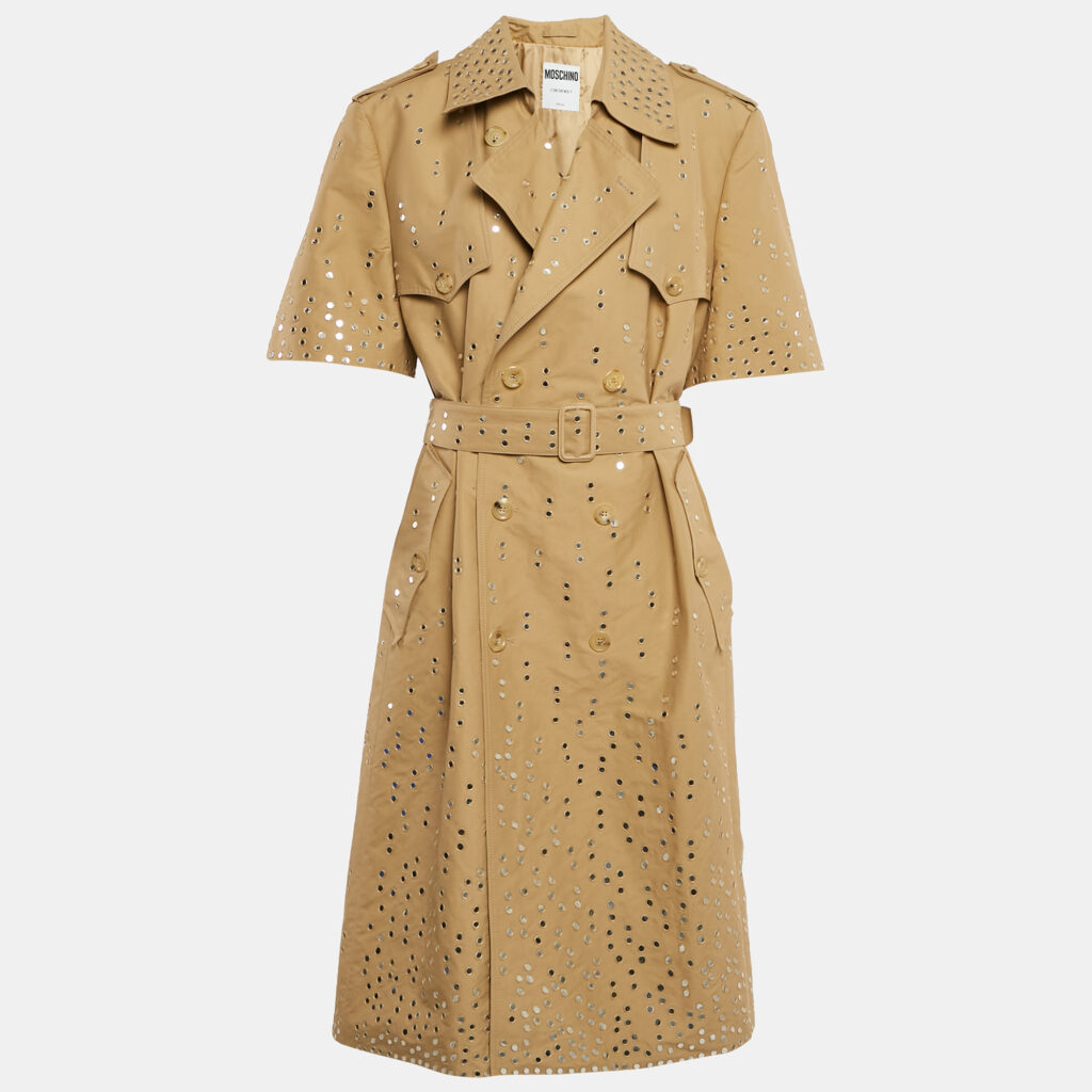 luxury-women-moschino-couture-used-clothes-p1098278-007 Moschino Couture Dark Beige Mirror Work Embroidery Cotton Blend Trench Coat XL