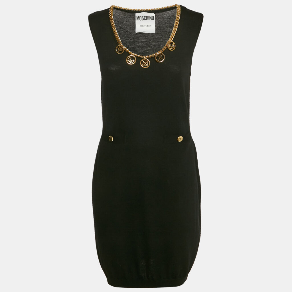 luxury-women-moschino-couture-used-clothes-p1142960-004 Moschino Couture Black Wool Knit Neck Embellished Mini Dress M