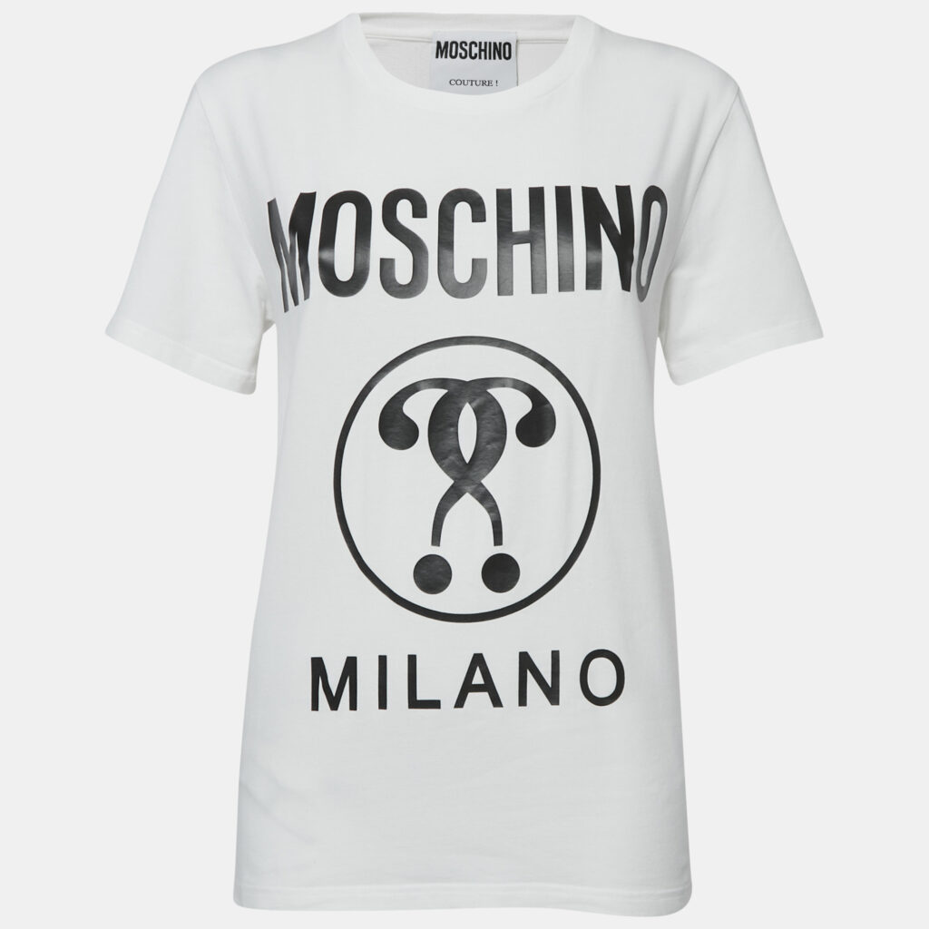 luxury-women-moschino-couture-used-clothes-p1160079-005 Moschino Couture White Logo Print Cotton Crew Neck T-Shirt L