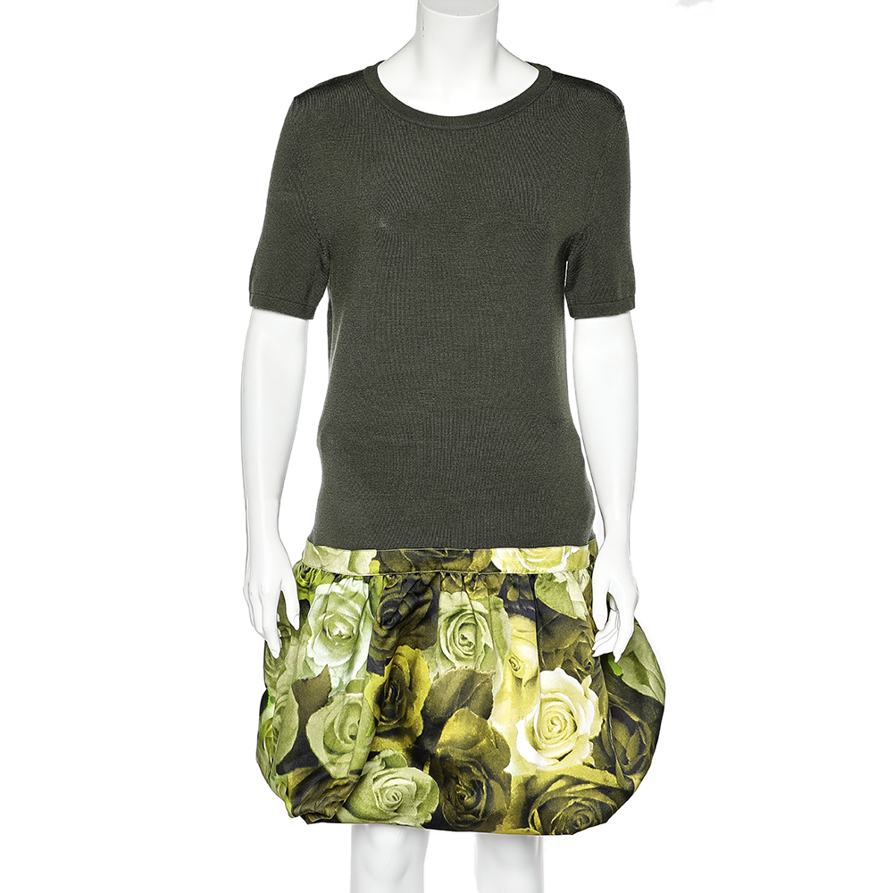 luxury-women-moschino-couture-used-clothes-p542663-003-2 Moschino Couture Green Wool Knit Floral Printed Ruffle Hem Mini Dress L