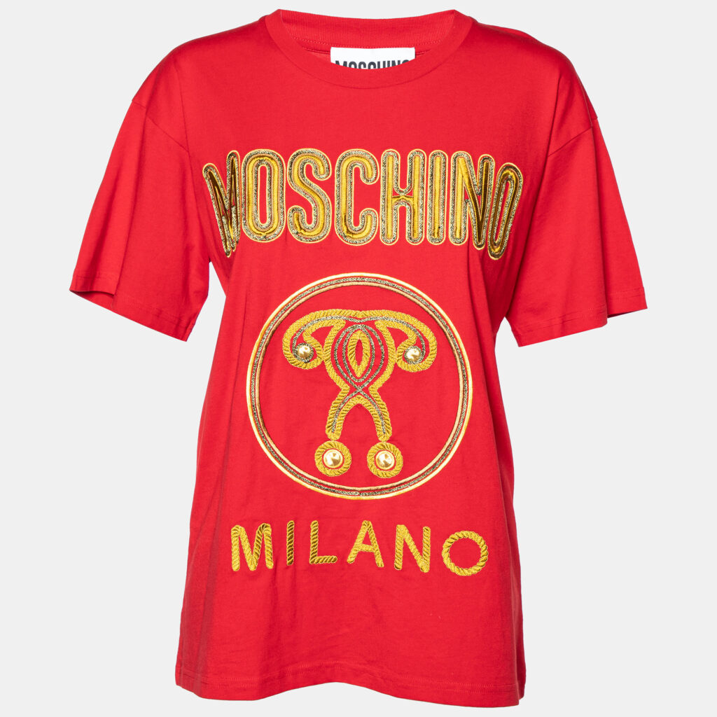 luxury-women-moschino-couture-used-clothes-p832251-001 Moschino Couture Red Cotton Knit Logo Embroidered Oversized T-Shirt XXS