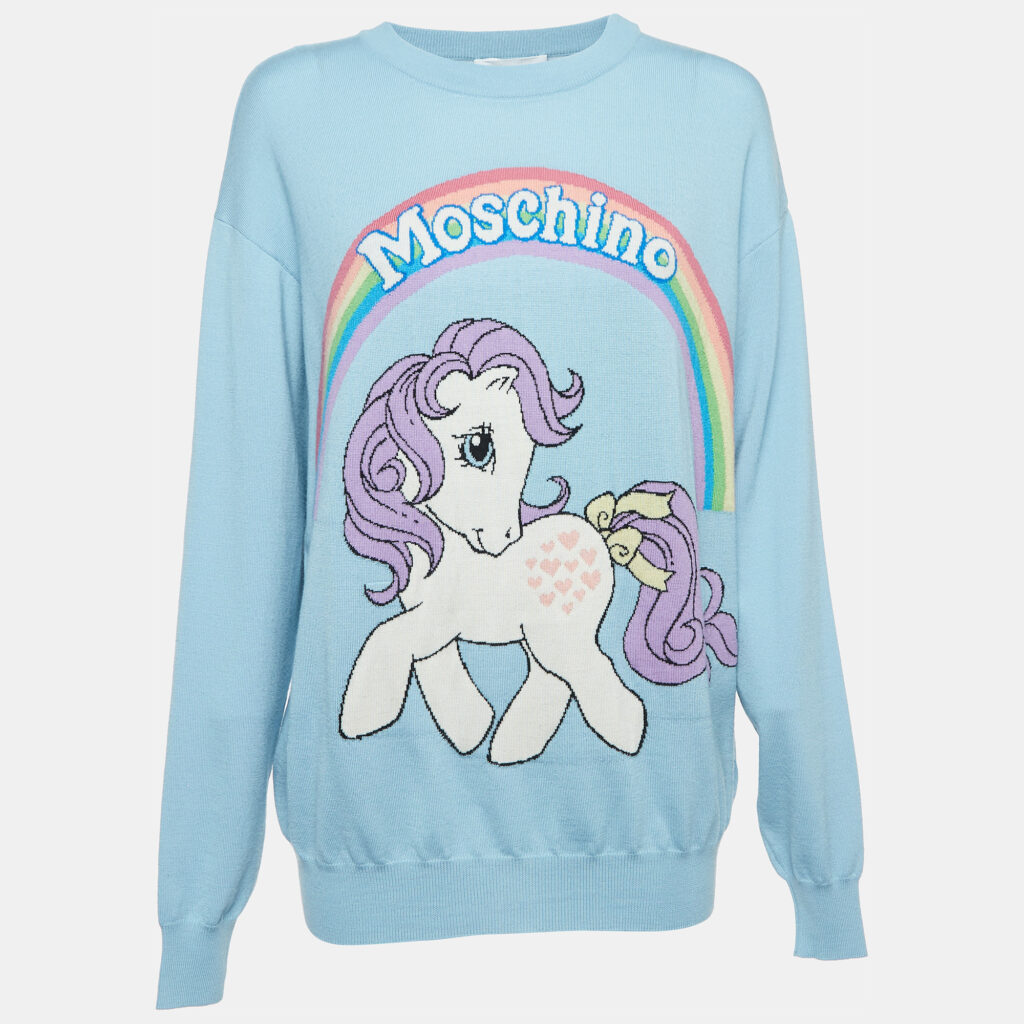 luxury-women-moschino-couture-used-clothes-p917637-003 Moschino Couture X My Little Pony Blue Logo Intarsia Knit Sweater M