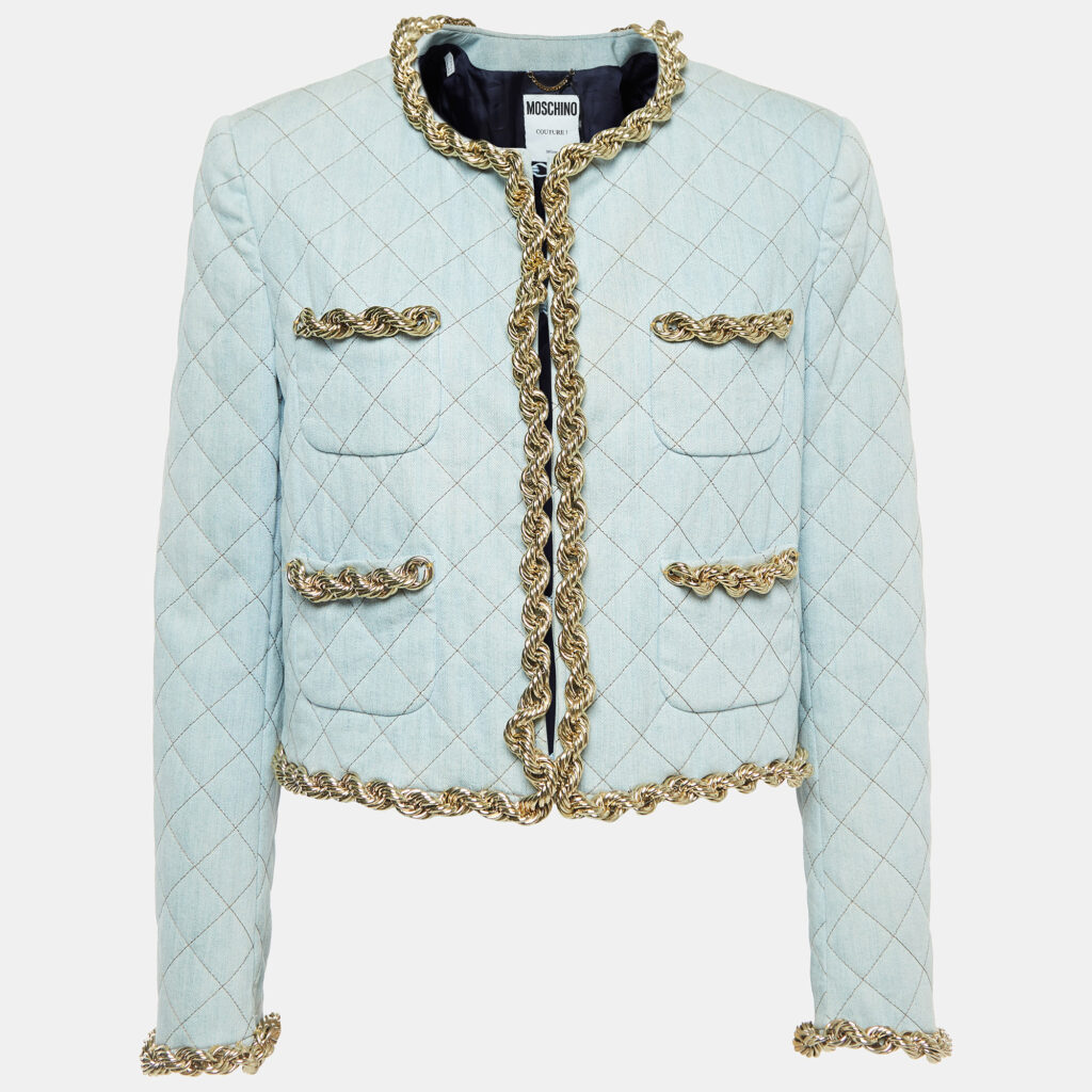 luxury-women-moschino-couture-used-clothes-p917641-001 Moschino Couture Blue Faded Denim Quilted Chain Detail Jacket M