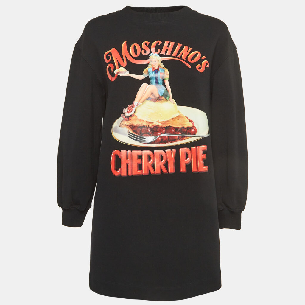 luxury-women-moschino-couture-used-clothes-p932940-001 Moschino Couture Black Cherry Pie Print Cotton Long Sleeve Jumper Dress S