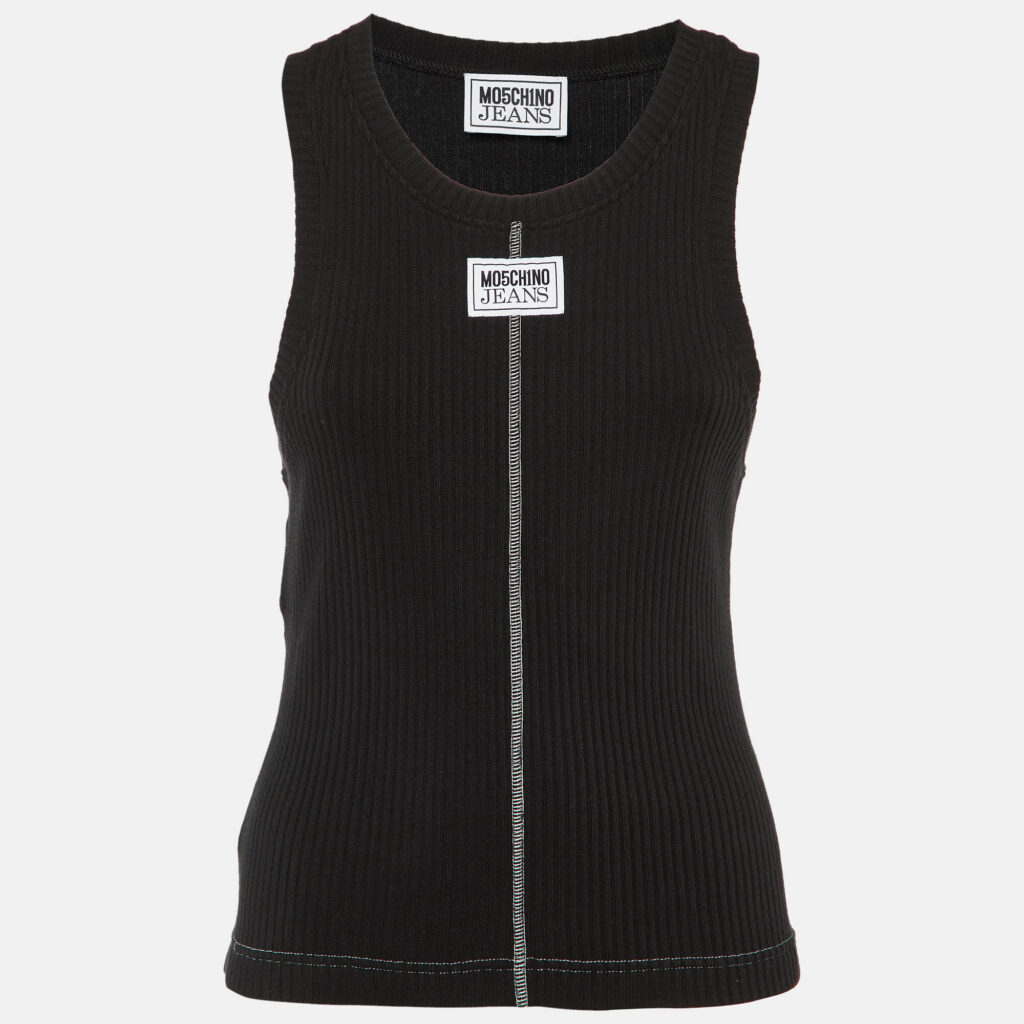 Moschino Black Logo Applique Rib Knit Tank Top L