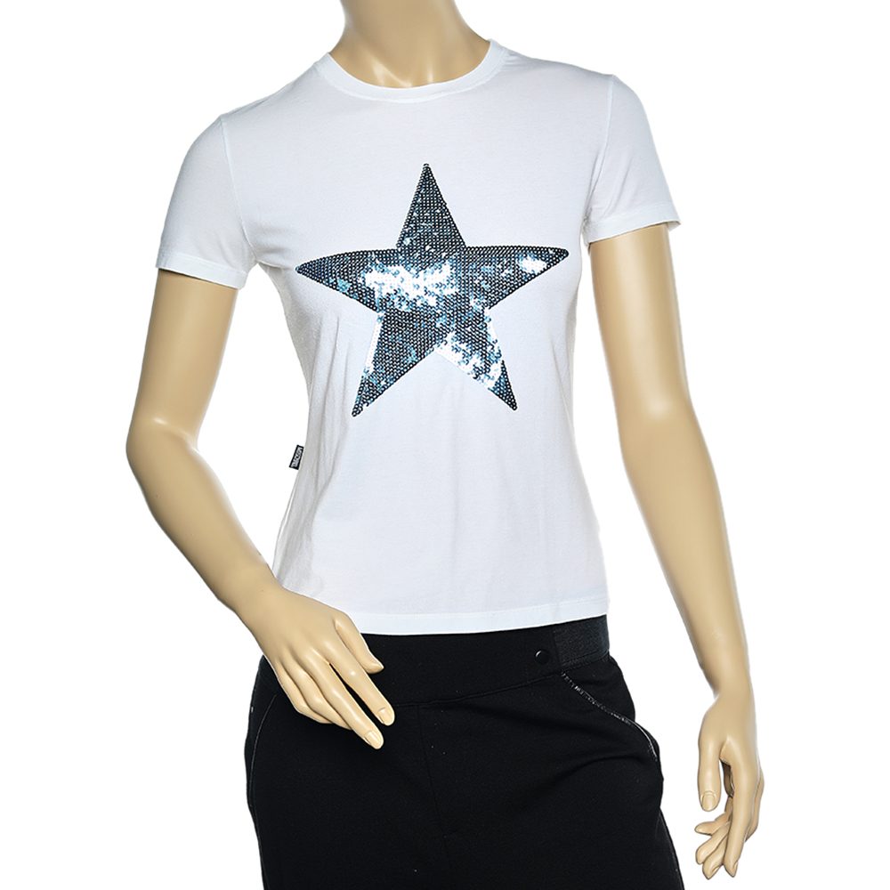 luxury-women-moschino-jeans-used-clothes-p565023-007-2 Moschino Jeans White Cotton Star Embellished Short Sleeve T-Shirt M