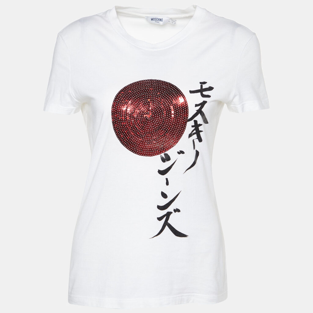 luxury-women-moschino-jeans-used-clothes-p870125-007 Moschino Jeans White Embellished & Printed Cotton Knit T-Shirt M