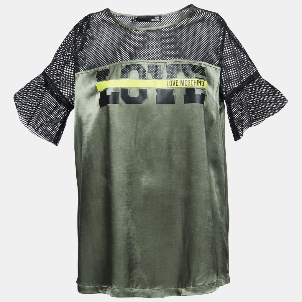 luxury-women-moschino-new-clothes-p780504-002 Love Moschino Green/Black Satin Blusa Mesh Sleeve T-shirt S