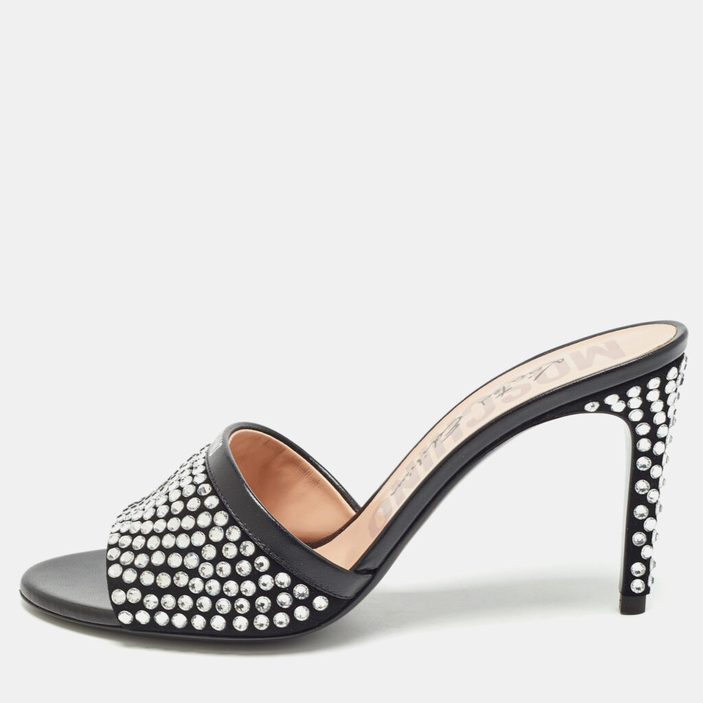 luxury-women-moschino-new-shoes-p1003162-004 Moschino Black Suede Limited Edition Crystal Embellished Slide Sandals Size 38