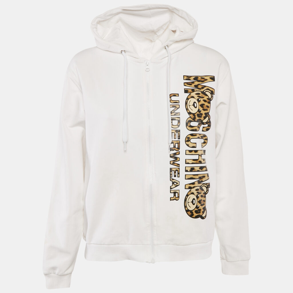 luxury-women-moschino-used-clothes-p1095862-002 Moschino White Logo Print Cotton Knit Zip-Up Hoodie Jacket XL