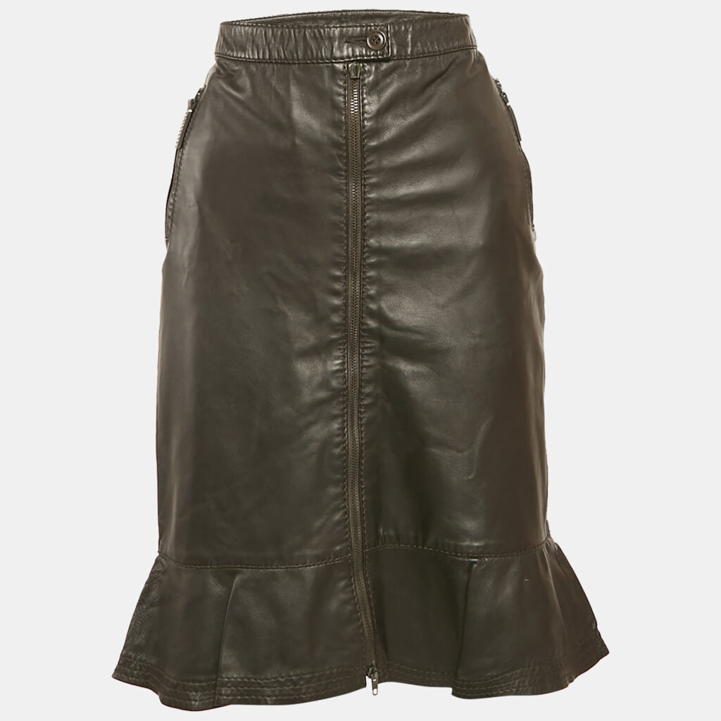 luxury-women-moschino-used-clothes-p1120935-003 Moschino Brown Leather Flounce Hem Knee Length Skirt L