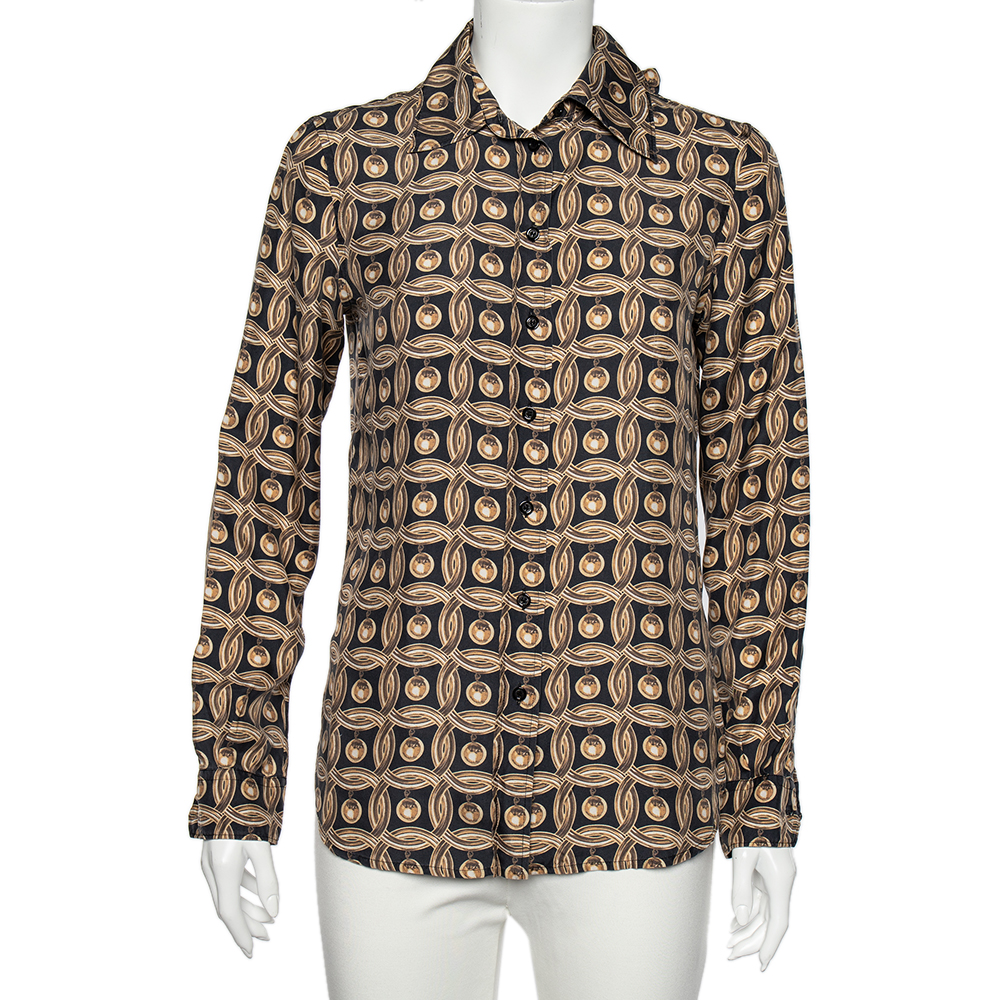 luxury-women-moschino-used-clothes-p518915-001-1 Moschino Gold Printed Silk Neck Tie Detail Button Front Shirt M