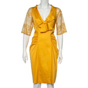 Moschino Yellow Cotton And Lace Sleeve Bow Detail Midi Dress M
