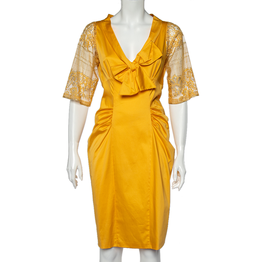 luxury-women-moschino-used-clothes-p519063-001-2 Moschino Yellow Cotton And Lace Sleeve Bow Detail Midi Dress M