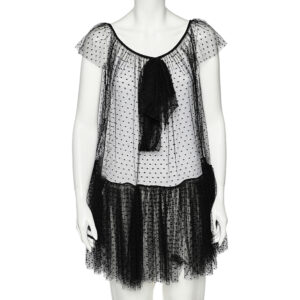 Moschino Black Tulle Ruffled Hem Bow Detail Sheer Mini Dress S