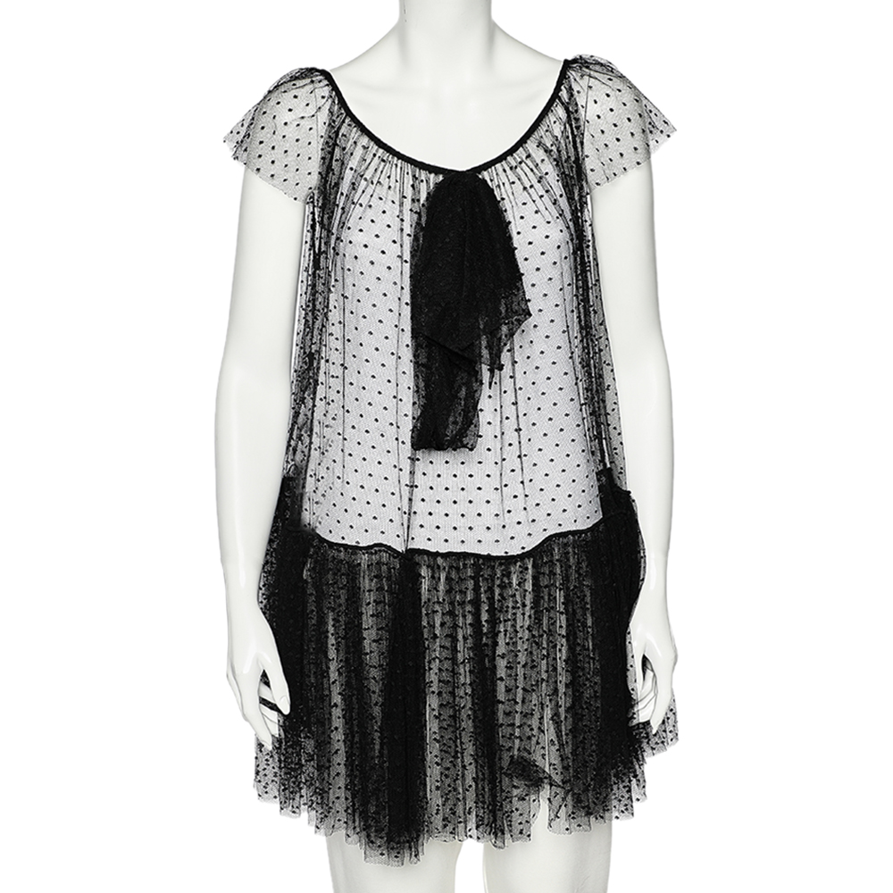 luxury-women-moschino-used-clothes-p550105-004-2 Moschino Black Tulle Ruffled Hem Bow Detail Sheer Mini Dress S
