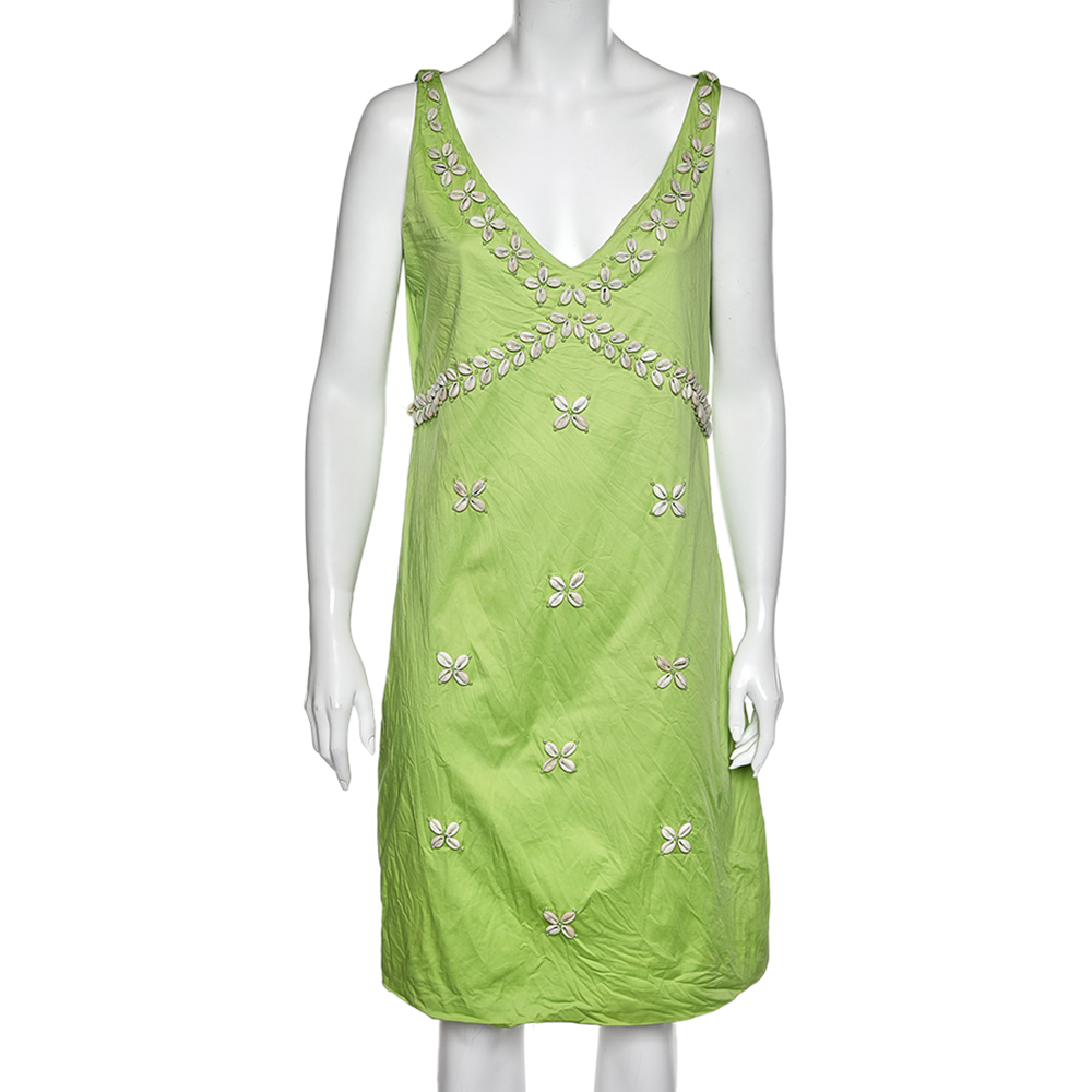 Moschino Cheap & Chic Green Cotton Shell Appliqué Sleeveless Dress L