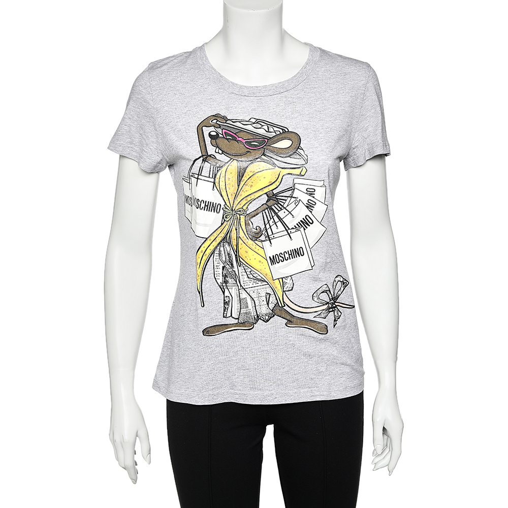luxury-women-moschino-used-clothes-p586378-003-1 Moschino Grey Shopaholic Mouse Printed Cotton T-Shirt L