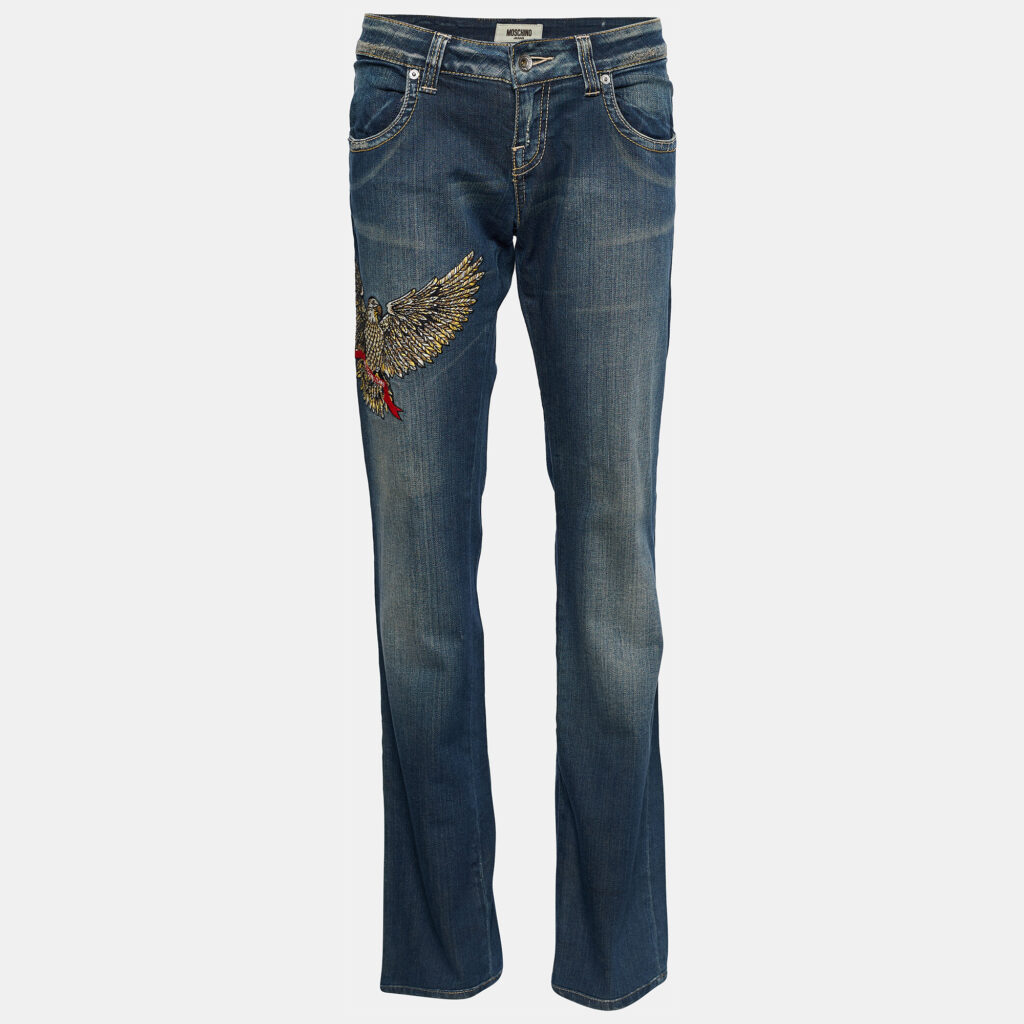 luxury-women-moschino-used-clothes-p714438-003-1 Moschino Jeans Navy Blue Embroidered Denim Distressed Jeans L
