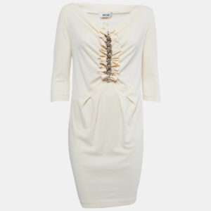 Moschino Vintage Cream Jersey Ruffled Chain Detail Midi Dress M