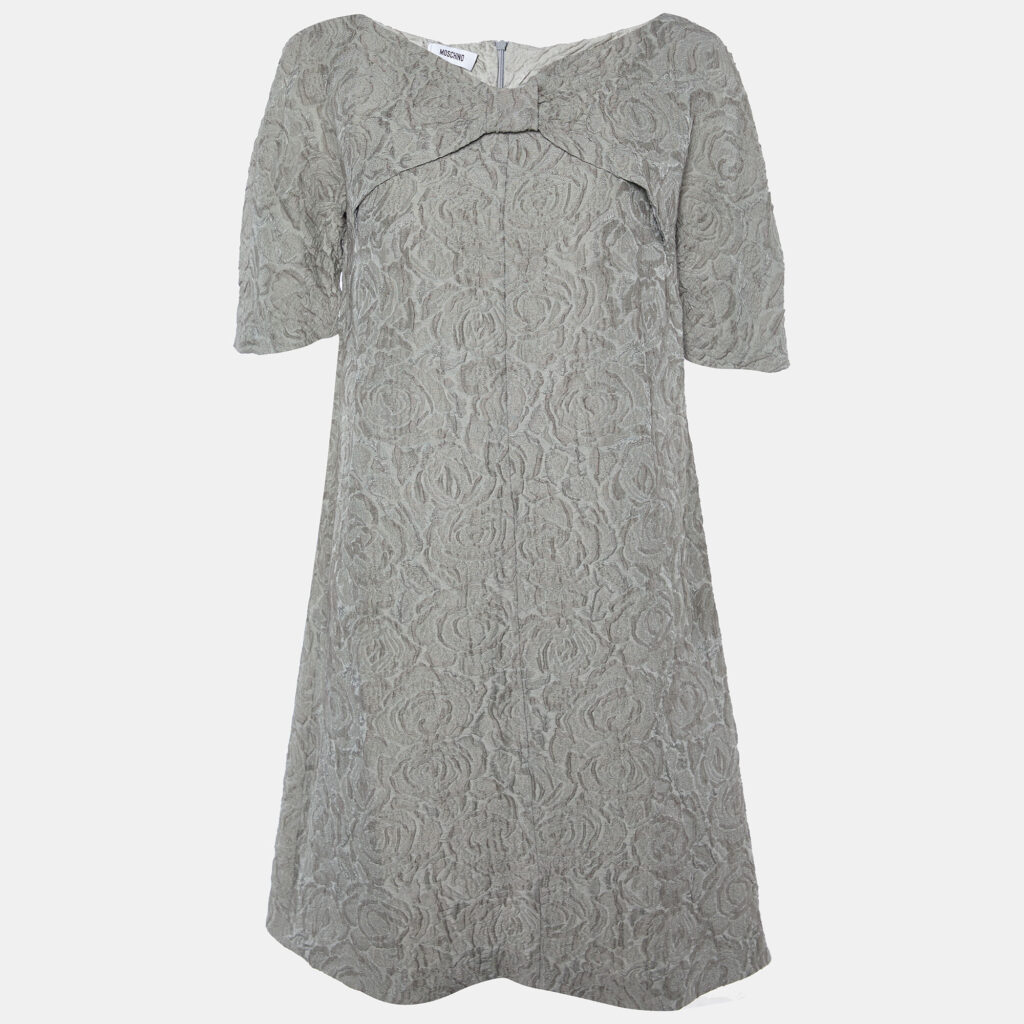 luxury-women-moschino-used-clothes-p852960-001 Moschino Grey Floral Jacquard Bow Detail Shift Dress M