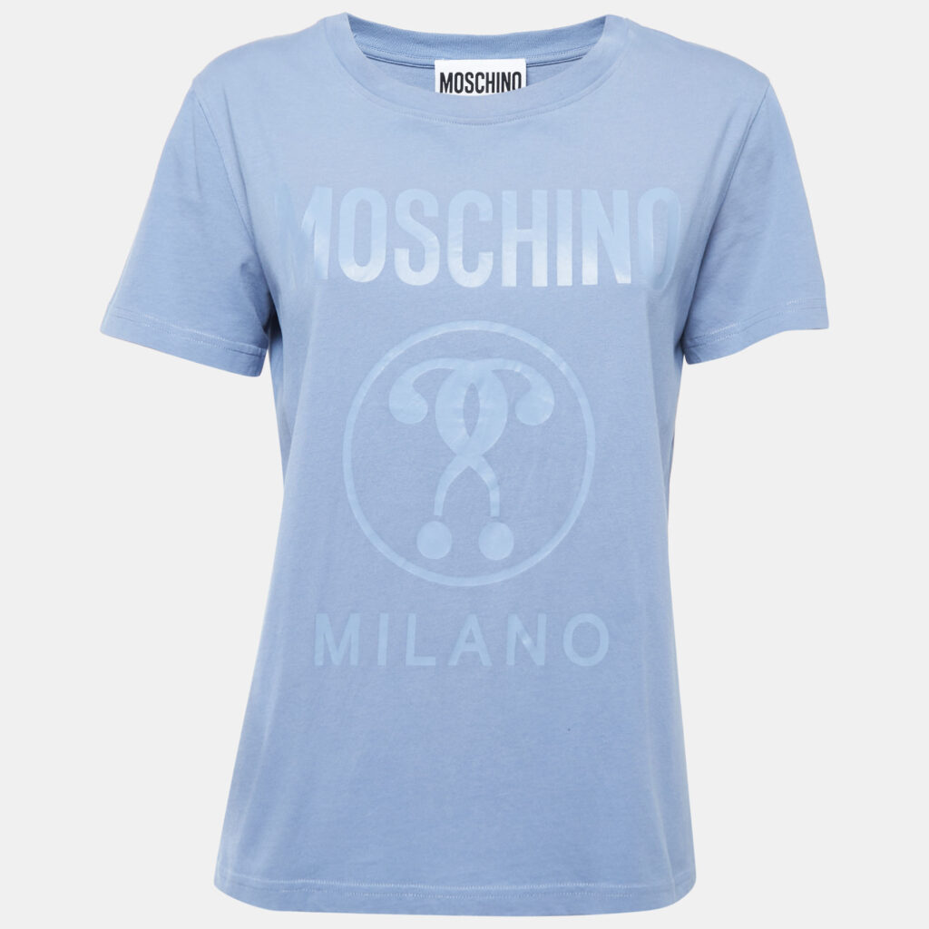 luxury-women-moschino-used-clothes-p866674-001 Moschino Blue Logo Print Cotton Crew Neck Short Sleeve T-Shirt M