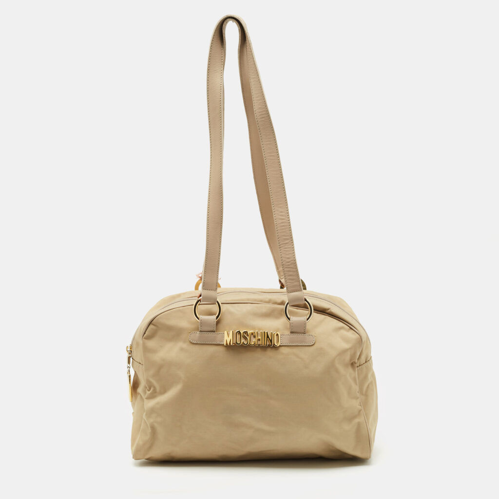 luxury-women-moschino-used-handbags-p1168145-009 Moschino Beige Fabric Logo Long Handle Satchel