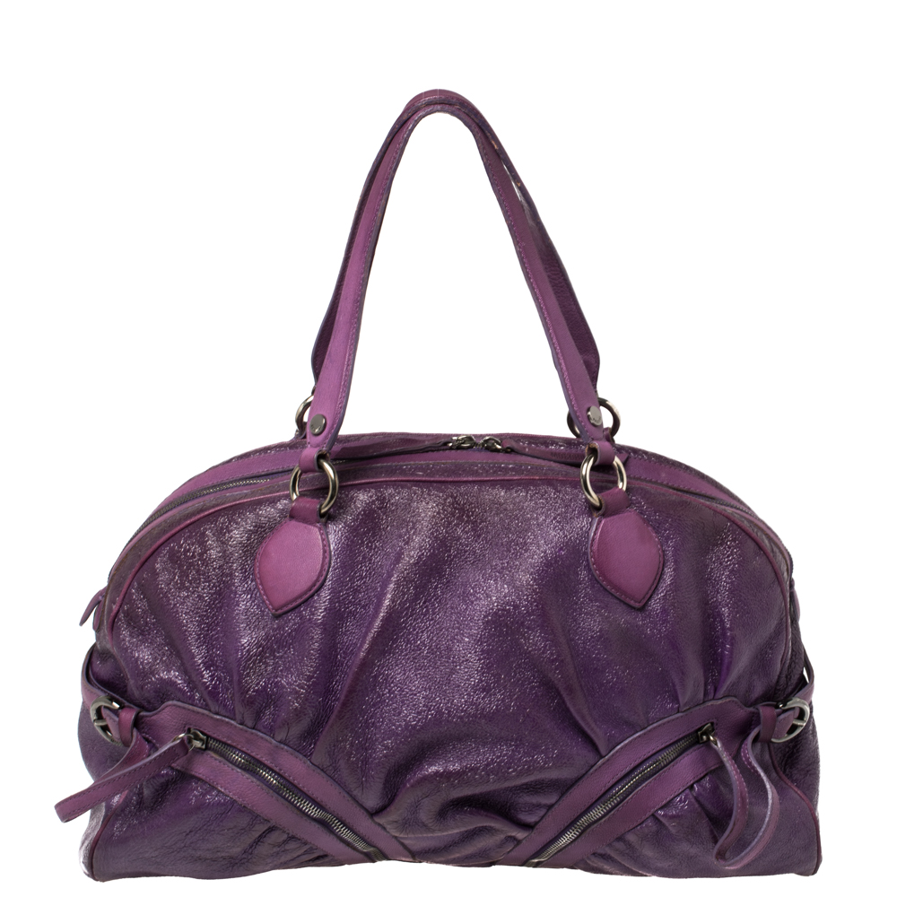 luxury-women-moschino-used-handbags-p425943-010 Moschino Purple Crinkled Patent Leather Double Zip Pocket Duffel Bag