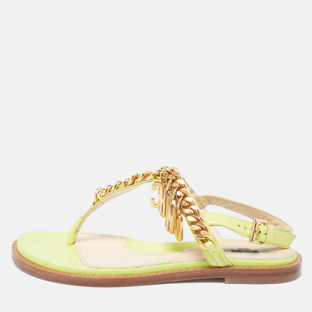 luxury-women-moschino-used-shoes-p1084362-010 Moschino Green Leather Chain Embellished Slingback Sandals Size 36