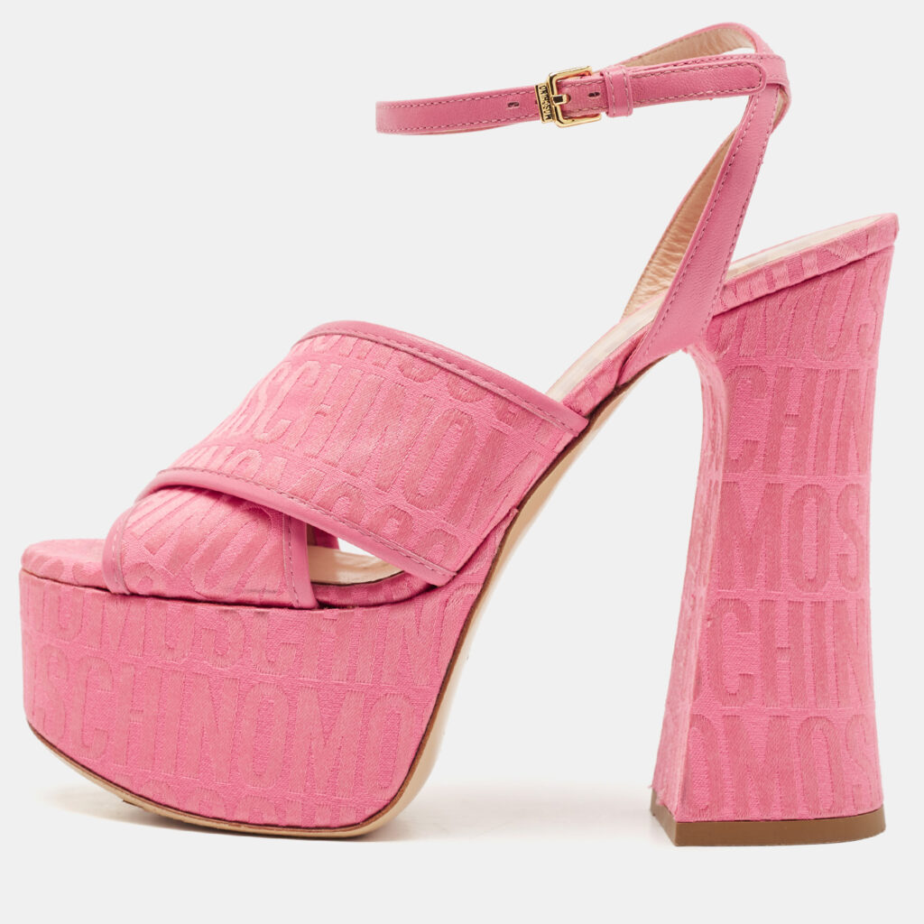 luxury-women-moschino-used-shoes-p1132911-001 Moschino Pink Fabric Logo Cross Strap Platform Sandals Size 37