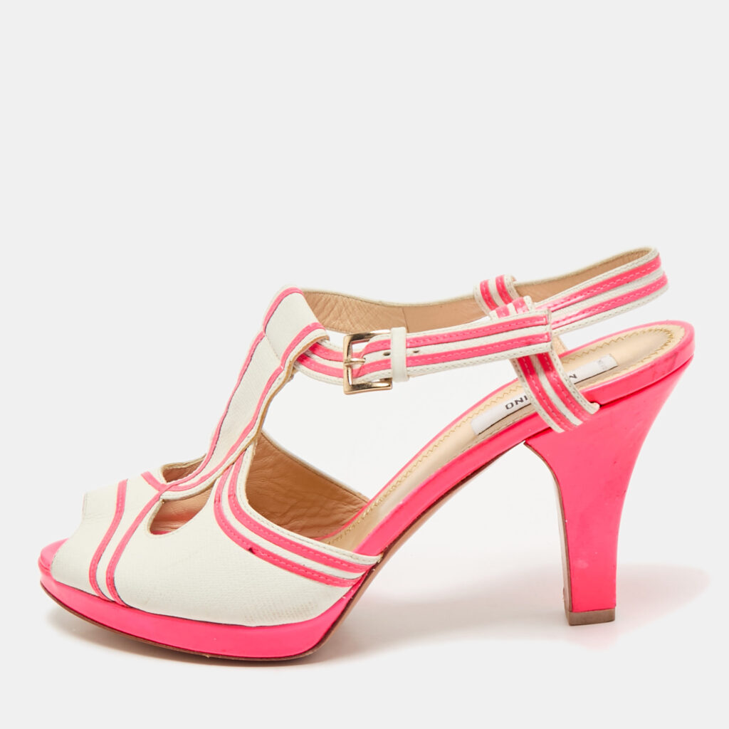 luxury-women-moschino-used-shoes-p1157486-001 Moschino Neon Pink/White Leather Strappy Peep Toe Sandals Size 39