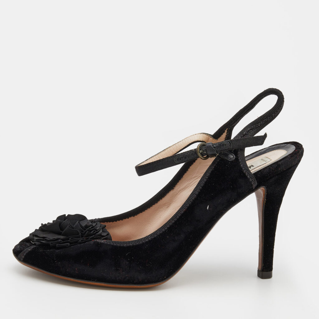 luxury-women-moschino-used-shoes-p716805-002 Moschino Black Velvet Flower Embellished Mary Jane Peep Toe Sandals Size 38
