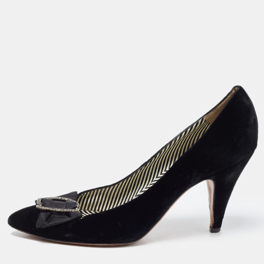 luxury-women-moschino-used-shoes-p833900-001 Moschino Black Velvet and Satin Crystal Embellished Bow Pumps Size 41