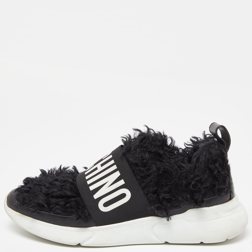 luxury-women-moschino-used-shoes-p901830-002 Moschino Black Leather and Faux Fur Logo Slip On Sneakers Size 37