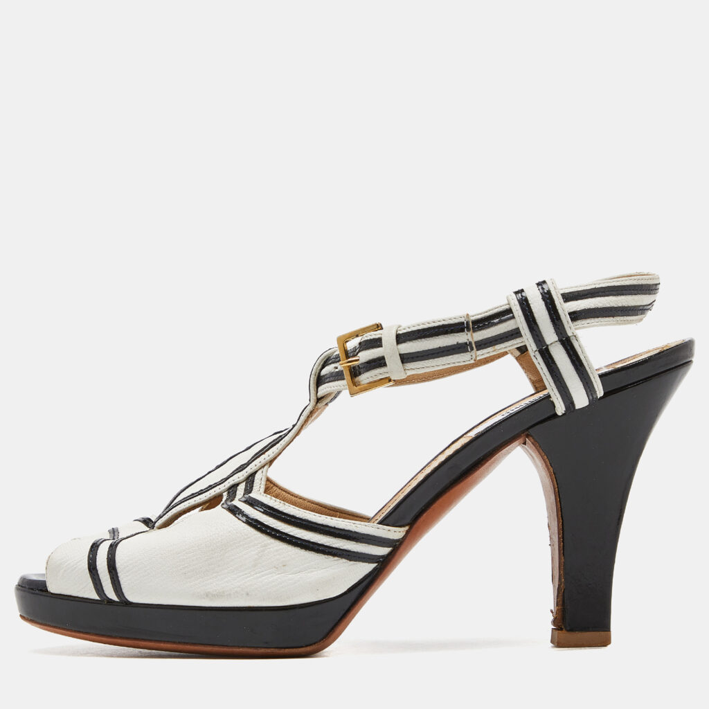 Moschino White/Black Leather Slingback Sandals Size 37