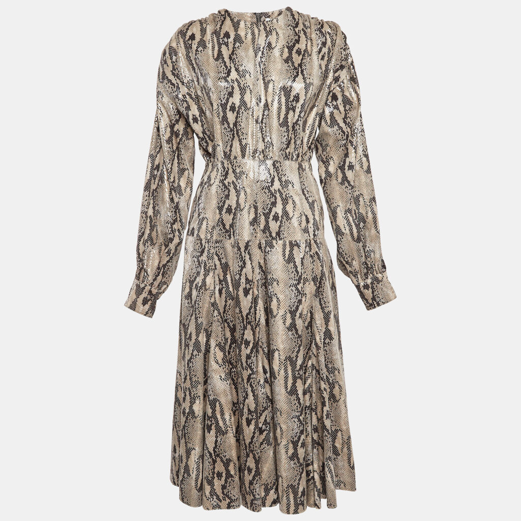 luxury-women-msgm-new-clothes-p1024693-007 MSGM Brown Python Skin Pattern Faux Leather Midi Dress M