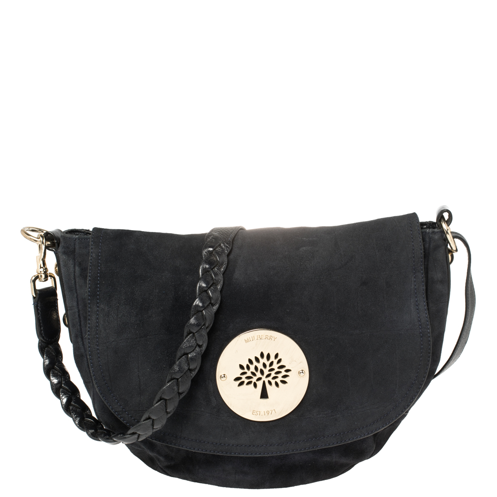 luxury-women-mulberry-used-handbags-p406091-004 Mulberry Navy Blue Croc Effect Suede Daria Shoulder Bag