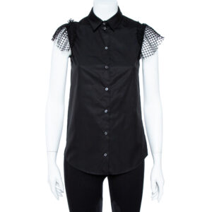N21 Black Cotton Grid Lace Paneled Feather Trim Shirt XS