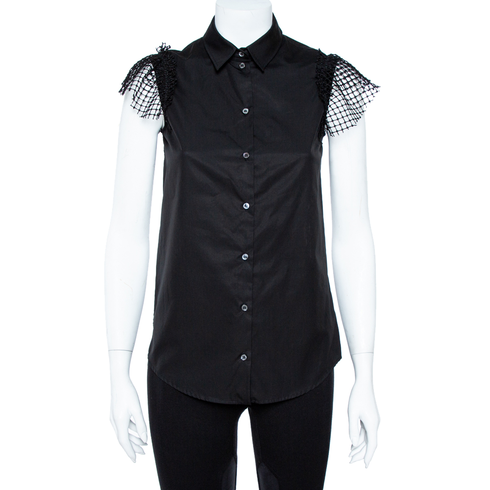 N21 Black Cotton Grid Lace Paneled Feather Trim Shirt XS