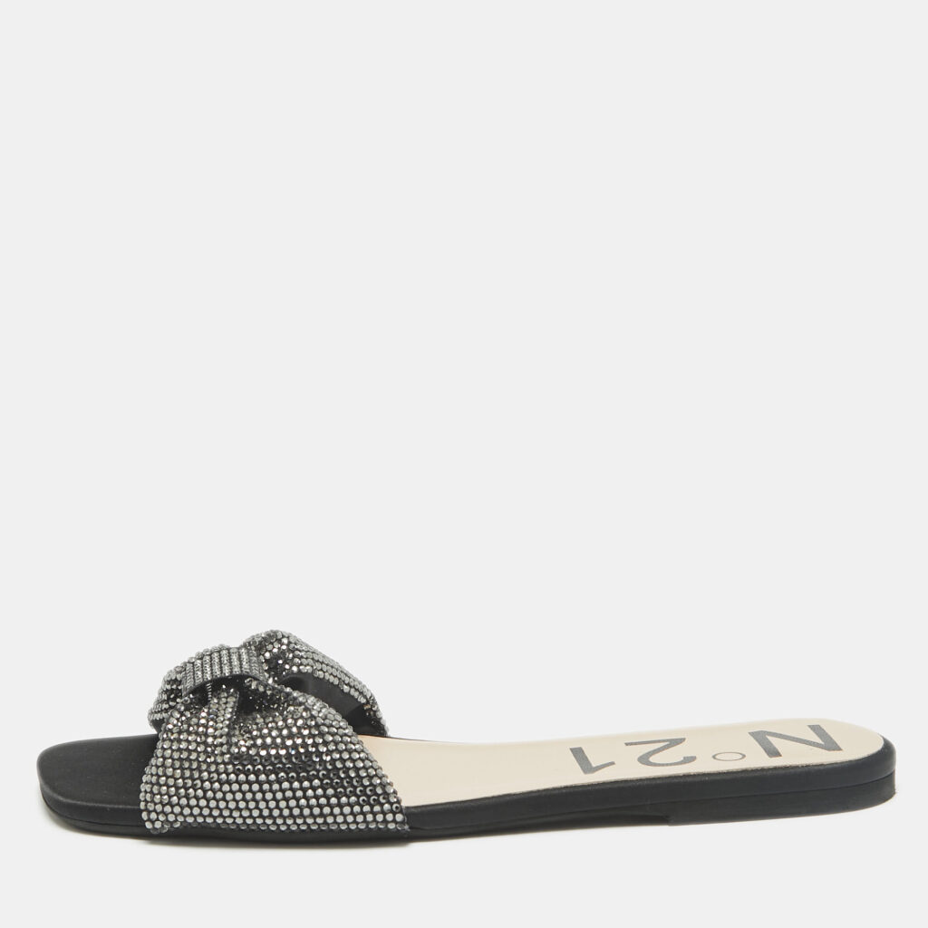 N21 Black Satin Crystal Embellished Bow Flat Slides Size 39