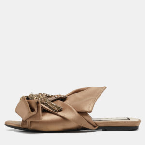 N&deg;21 Brown Satin Raso Knot Flat Slides Sizes 37