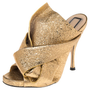 N21  Glitter Knot  Gold Crackled Leather  Mule Sandals Size 36