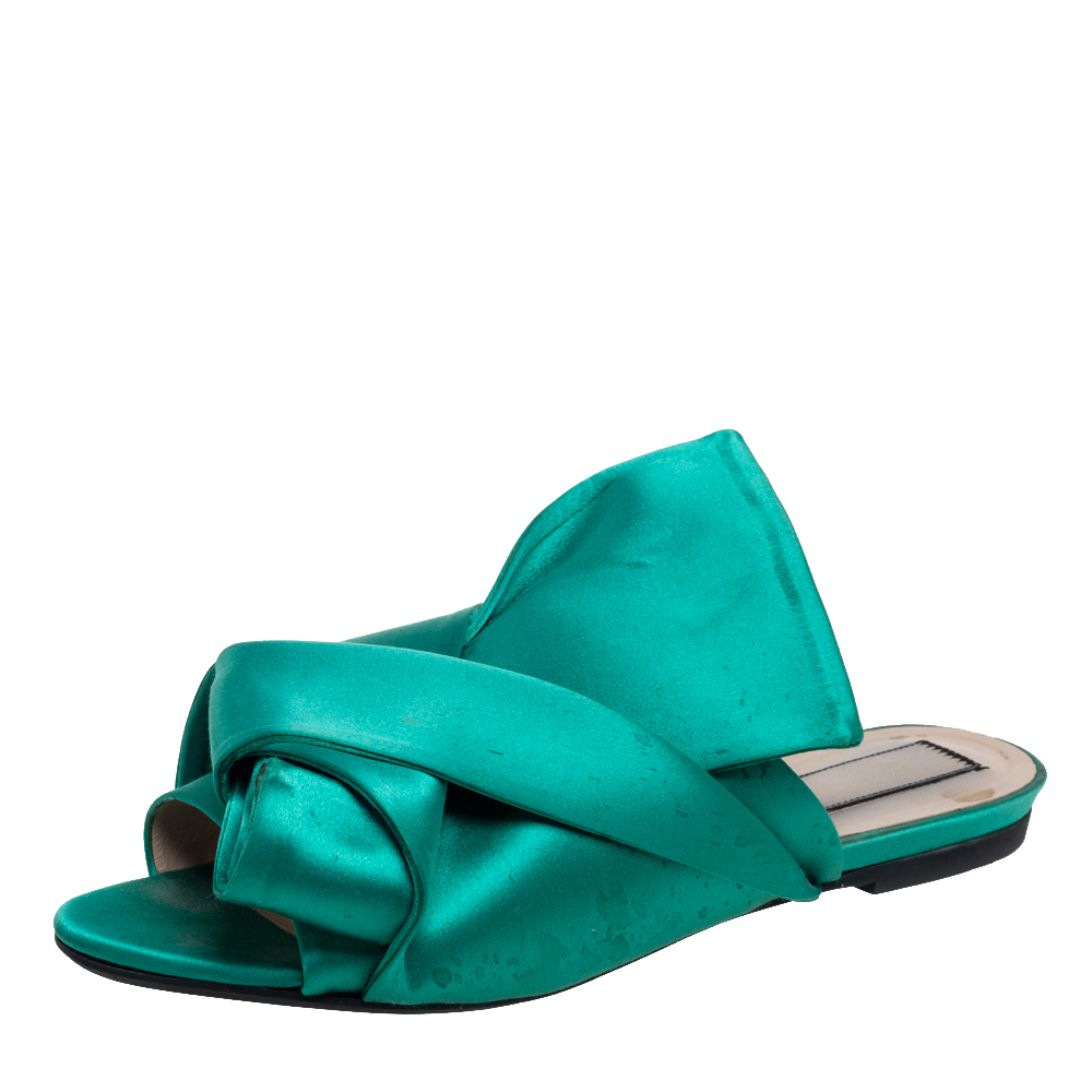 luxury-women-n21-used-shoes-p511301-003-2 Nº21 Green Satin Knot Flat Mules Size 38