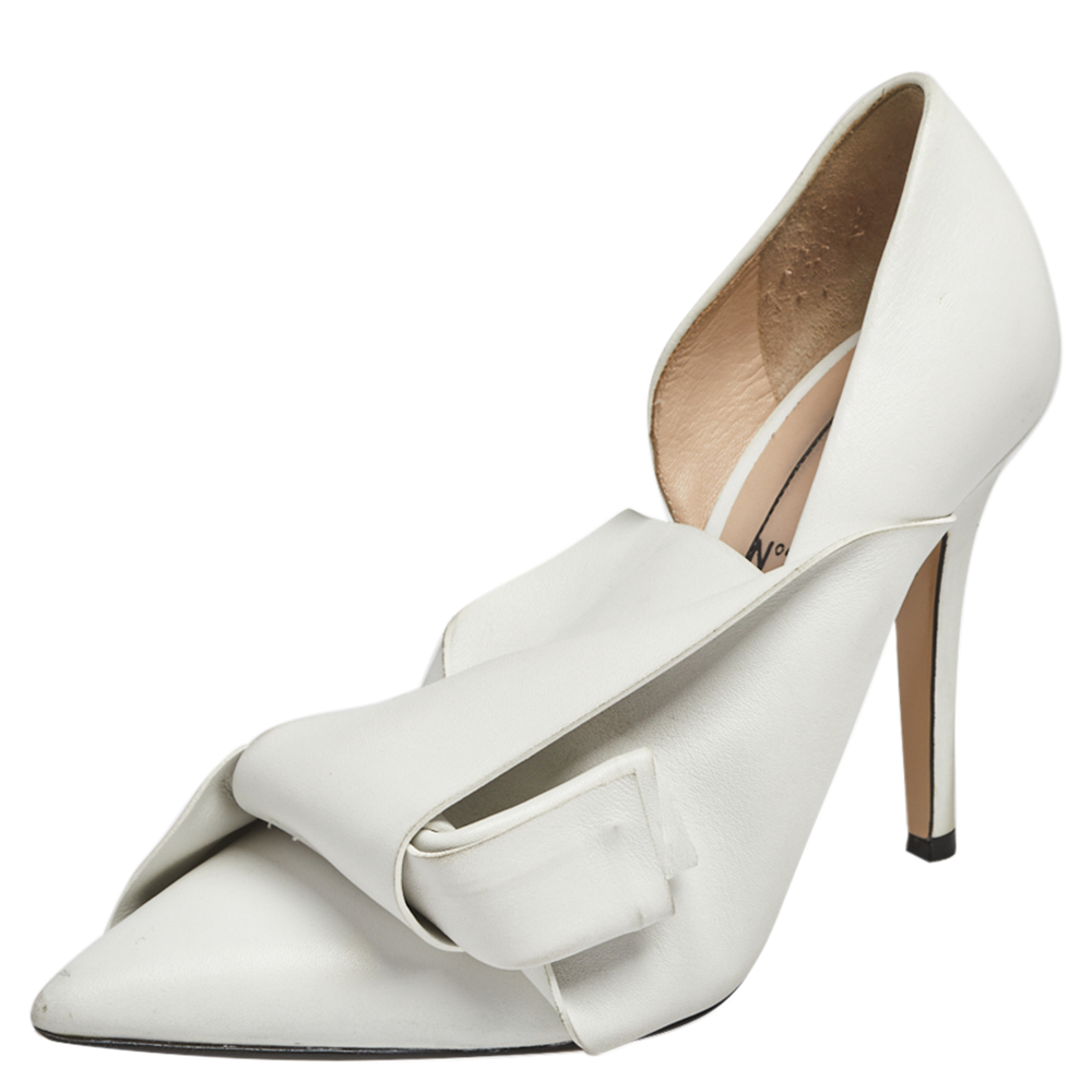luxury-women-n21-used-shoes-p551441-003-2 Nº21 White Leather Knot Pointed Toe Pumps Size 37